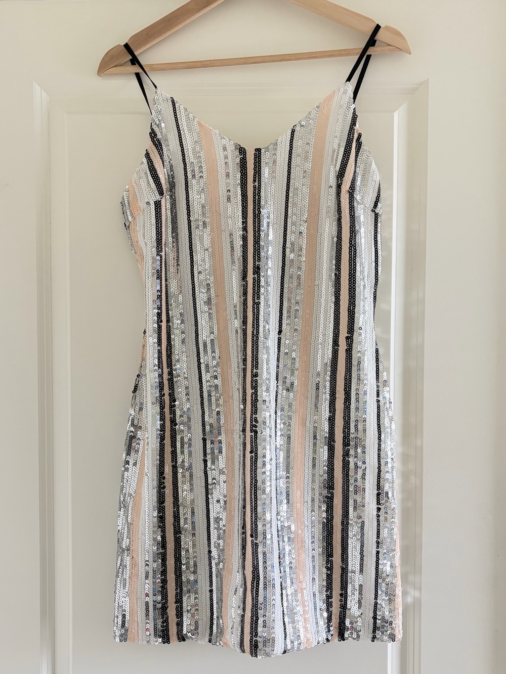 Pink Lily Sequin Striped Mini Dress in Blush, Silver & Black